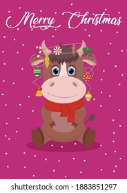 Design of a new year's card 2021 with the image of a cute bull. 