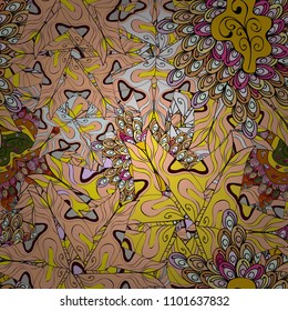 Design. Nice fabric pattern. Doodles blue, black and brown on colors. Seamless pattern Print. Raster. Flat elements.