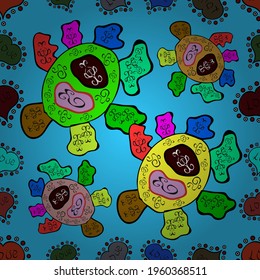 Design. Nice fabric pattern. Print. Vector. Doodles black, green and blue on colors. Flat elements.