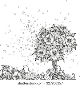 Design night card with doodle flowers and stars and moon for coloring. Vector illustration.