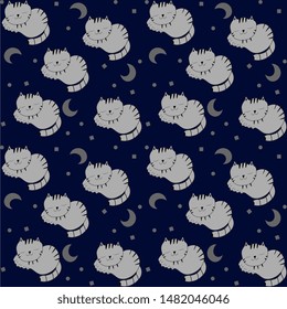 Design for a night's rest. Seamless vector pattern of hand made with gray kittens, moon on a black background. Cartoon vector illustration.
