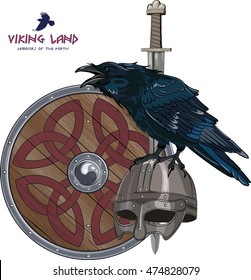 Design with Nordic sword, shield, Viking helmet and sitting on it Raven, isolated on white, vector illustration, eps-10