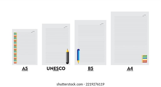 Die Gestaltung des Notizbuches erfolgt in den Größen A5, A4, B5 und Unesco. Bereit zum Drucken für den persönlichen Gebrauch oder zur Herstellung. In einem Vektorset