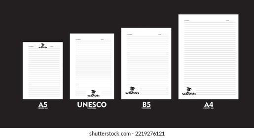 Design of note book refills in sizes A5, A4, B5 and unesco sizes. Ready to print for personal use or fabrication. In a vector set