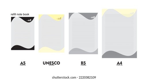Diseño de reposición de libros de notas en tamaños A5, A4, B5 y unesco. Listo para imprimir para uso personal o fabricación. En un conjunto de vectores