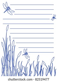 Design for a note pad of dragonflies flying about over a marsh with cattails and tall grass all in blue ink color, great nature scene.