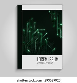Design notebook with circuit board with electric pulses. Copybook template.