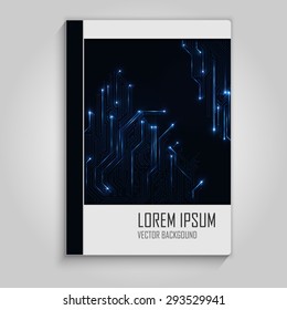 Design notebook with circuit board with electric pulses. Copybook template.