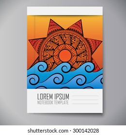 Design notebook with sunset at sea. Copybook template.