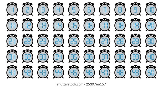 Design number 1 to 50 premium digital blue clock icon black circle icon