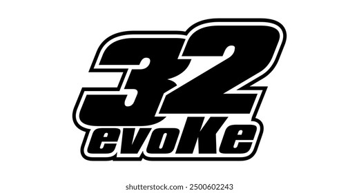 design of number 32 and text EVOKE, racing concept.