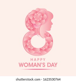 design number eight with pink flower texture for happy woman's day greeting, beautiful woman silhouette illustration. vector eps 10.