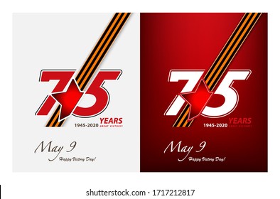 Design number, May 9. World War II. Celebrates the 75th anniversary of the Great Victory. Star, 1945-2020. Poster design flat design. White and red background. St. George ribbon, vector illustration