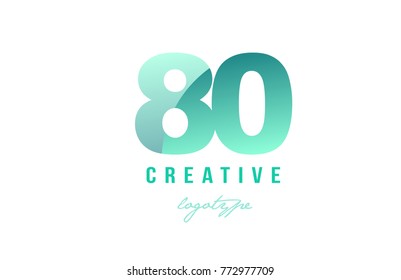 Design of number numeral digit 80 with green pastel gradient color suitable as a logo for a company or business