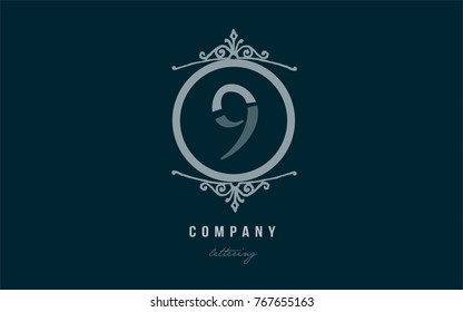 Design of number numeral digit 9 nine with blue pastel color and decorative circle monogram suitable as a logo for a company or business