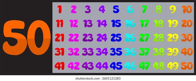 design number set 1-50 with cute characters full of rainbow colors, vector