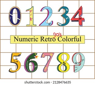 design numbers 0 - 9 with retro 90's style and colors that you can use for print or digital design 