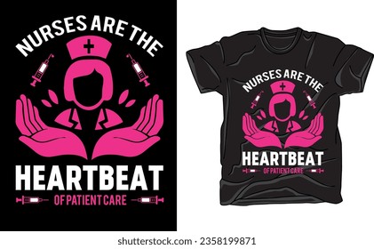 Design: A nurse-themed t-shirt featuring a heart-shaped stethoscope forming the central design element, surrounded by various medical icons. Bold text "NURSE" in vibrant colors to celebrate healthcare