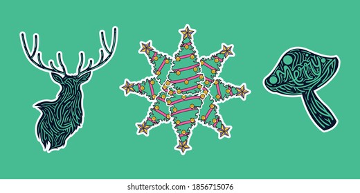 Diseñar el árbol verde de ciervos y la planta de hongos para el vector de vectores de fiesta navideña Ilustración gráfico aislado