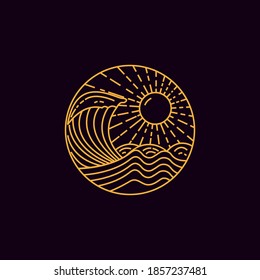diseño de olas oceánicas y estilo de arte de línea en luz solar naranja parduzco aislado de fondo negro eps10