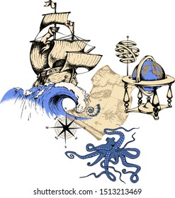 Design of octopus and sea voyages. Vector illustration