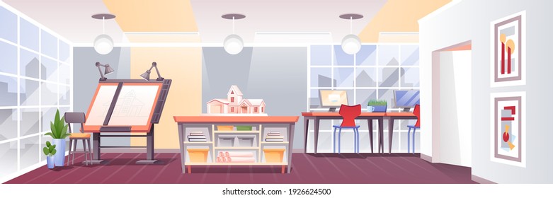 Design office interior background. Business workplace vector illustration. Modern creative work company scene. Graphic workstation, home model, desk with computer monitors in room.