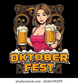 Design para o evento do festival Oktoberfest com ilustração de vidro de menina e cerveja