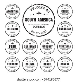 Design of old black worn stamps passport with the name of the South American countries. Templates sign for the travel and airport. Vector illustration. Set