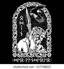 Design in Old Norse style. Ancient Norse God Wotan and Ravens, isolated on black, vector illustration