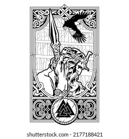 Design in Old Norse style. Ancient Norse God Wotan and Ravens, isolated on white, vector illustration