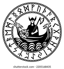 Design in Old Norse style. Ancient Norse warrior with an axe on the Viking ship Drakkar and a circle of runic symbols, isolated on white, vector illustration