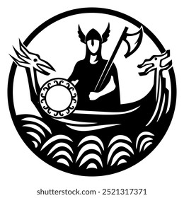 Diseño en estilo nórdico antiguo. Antiguo guerrero nórdico con un hacha en el barco vikingo Drakkars, aislado en blanco, Ilustración vectorial