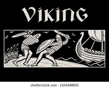 Design in Old Norse style. A duel of two Viking warriors with swords, isolated on black, vector illustration