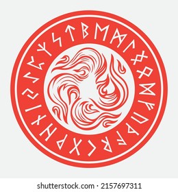 Design in Old Norse style. Fiery, solar cross and a circle of runic symbols, isolated on white, vector illustration