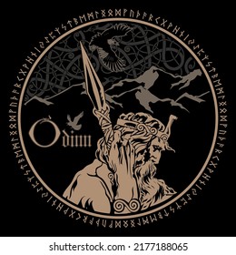 Design in Old Norse style. Old Norse God Odin with a spear and crows against the background of a Scandinavian ornament and mountains, isolated on black, vector illustration