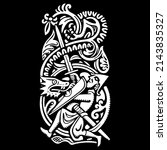 Design in Old Norse style. Sigurd slays the Dragon Fafnir. Illustration from Scandinavian Mythology, isolated on black, vector illustration