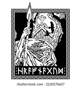 Design in Old Norse style. Supreme god Odin with a spear and two ravens, isolated on white, vector illustration