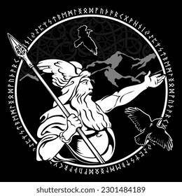 Design in Old Norse style. Supreme God Odin, two Crows and runic signs drawn in the Celtic-Scandinavian style, isolated on black, vector illustration