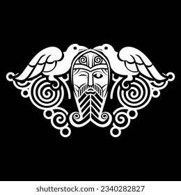 Design in Old Norse style. Supreme God Odin, two Crows and runic signs drawn in the Celtic-Scandinavian style, isolated on black, vector illustration