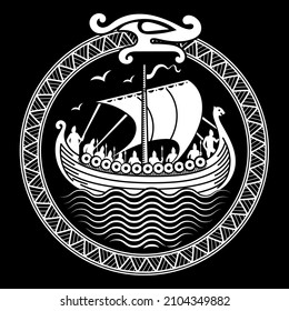 Design in Old Norse style. Viking warship Drakkar and World Serpent Jormungand, isolated on black, vector illustration