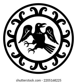 Design in Old Norse style. Viking shield with Scandinavian-Celtic ornamentation and Raven painted in retro vintage style, isolated on white, vector illustration