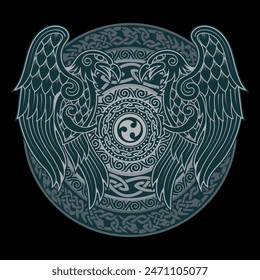 Design in Old Norse style. Viking shield with Scandinavian-Celtic ornamentation and Ravens painted in retro vintage style, isolated on black, vector illustration