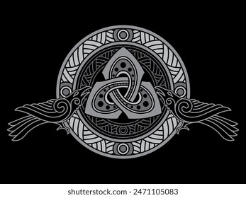 Design in Old Norse style. Viking shield with Scandinavian-Celtic ornamentation and Ravens painted in retro vintage style, isolated on black, vector illustration