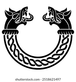 Design in Old Norse style. Viking bracelet with wolf heads, isolated on white, vector illustration