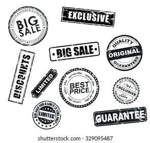 The design of the old shabby round and rectangular stamps for sale, discounts, advertising, quality product. Vector illustration. Set