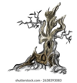 Design of an old tree character in nature that depicts a mystical impression