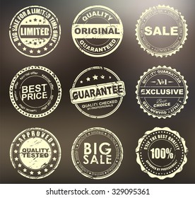 The design of the old worn round stamps for sale, discounts, advertising, quality product on a blurred background. Vector illustration. Set