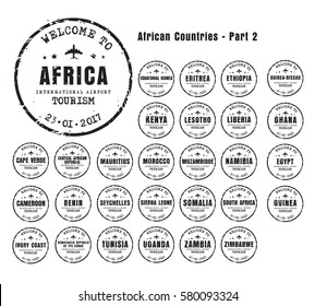 Design old worn stamps passport with the name of the African countries. Templates sign for the travel and airport. Part 2. Set