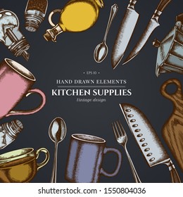Design on dark background with Chef's knifes, teaspoon, spoon, fork, knife, cutting board, bottle of oil, teapots, coffee pot, cups, sugar bowl, pepper shaker and salt shaker