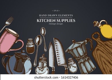 Design on dark background with Chef's knifes, teaspoon, spoon, fork, knife, cutting board, bottle of oil, teapots, coffee pot, cups, sugar bowl, pepper shaker, salt shaker